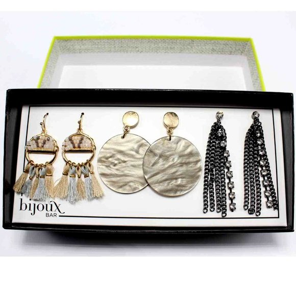 Bijoux Bar 3 Pair Dangle Earrings-Gold Gunmetal MOP Tassels Crystals Gift Box - Picture 7 of 7